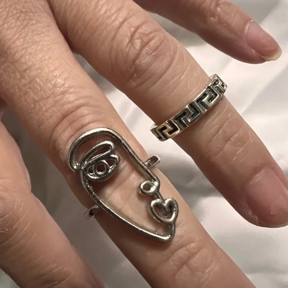 Silver Abstract Face and Geometric Ring Set Unisex